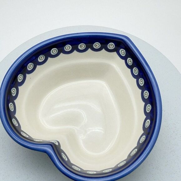 Boleslawiec Pottery Heart Shaped Bowl 6" Peacock Eye Flowers Dish Made in Poland - Picture 4 of 15